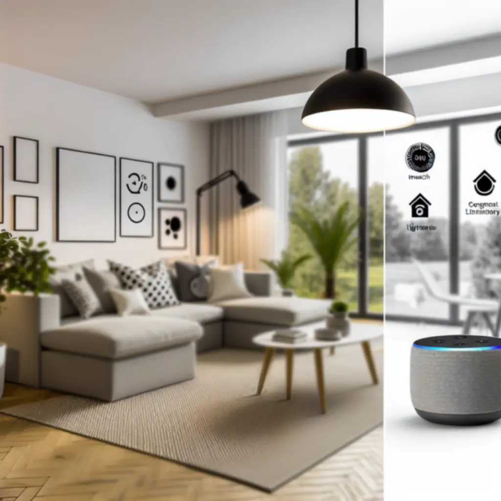 Nowoczesny salon z inteligentnymi urządzeniami i oświetleniem smart