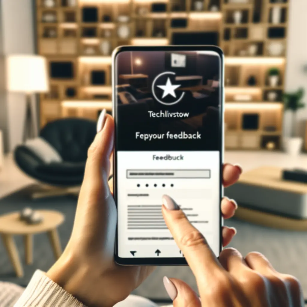 Ilustracja użytkownika wypełniającego formularz opinii na urządzeniu mobilnym